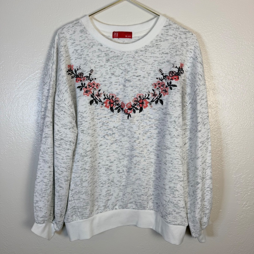 VTG PDI Women M Gray Floral Embroidered Crewneck Sweatshirt Cottage Granny